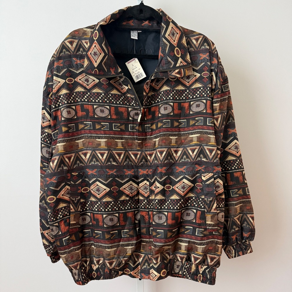 VTG COACO 100% Silk Earth Colors Lagenlook Geometric Windbreaker Jacket 2X Brown